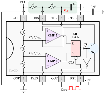 Simplified astable multivibrator mode of 555 timer IC